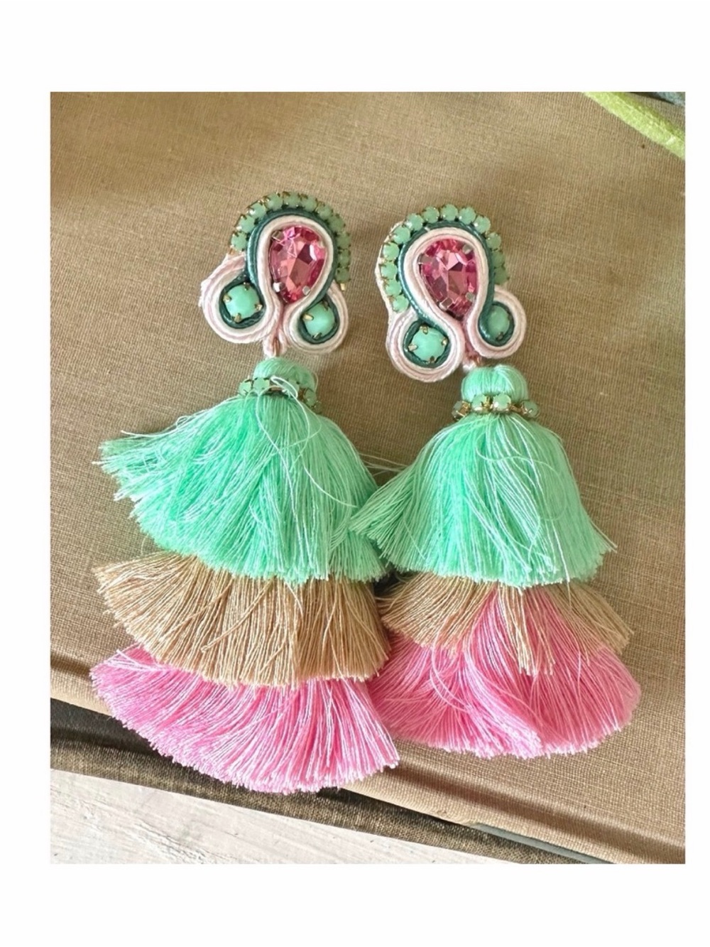Tiered Tassel Drop Earrings in Mint, Peach & Pink